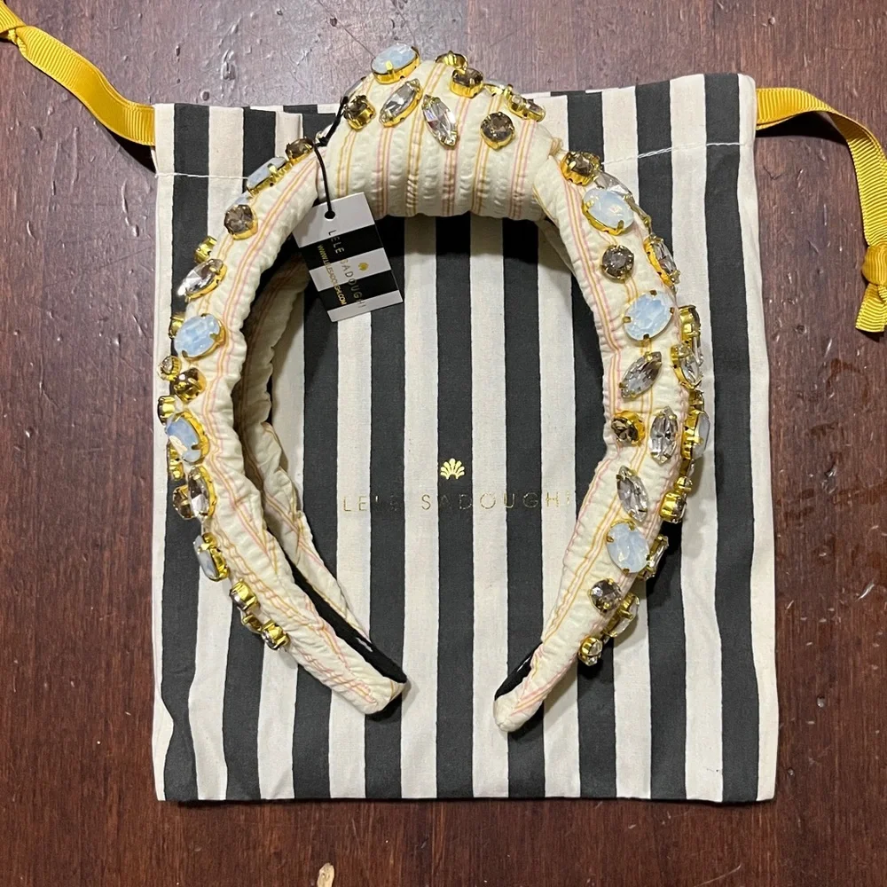 Lele Sadoughi STRIPE SEERSUCKER EMBELLISHED KNOTTED HEADBAND Blush NWT